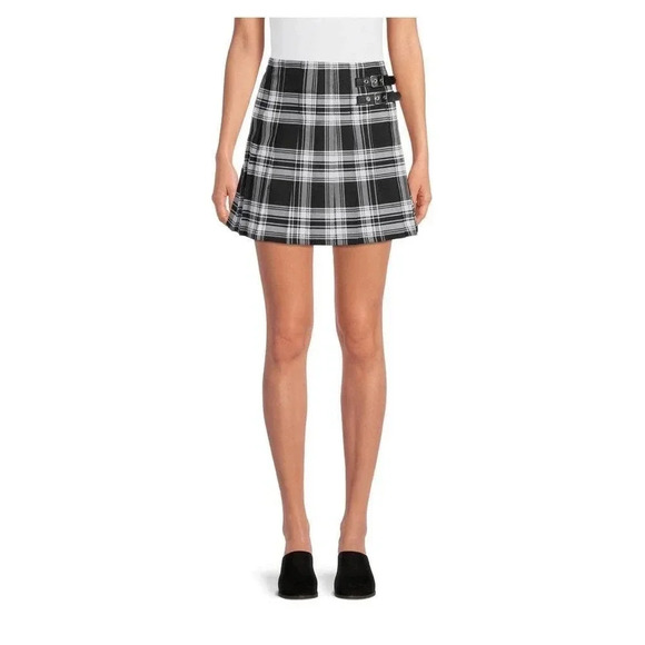 NWT No Boundaries Women Junior XS Black White Pleated Plaid Mini Skirt - Picture 1 of 6